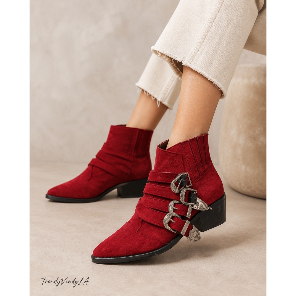 Toga Pulla Red Suede Western Buckle Ankle Boots Silver Hardware Pointed Toe